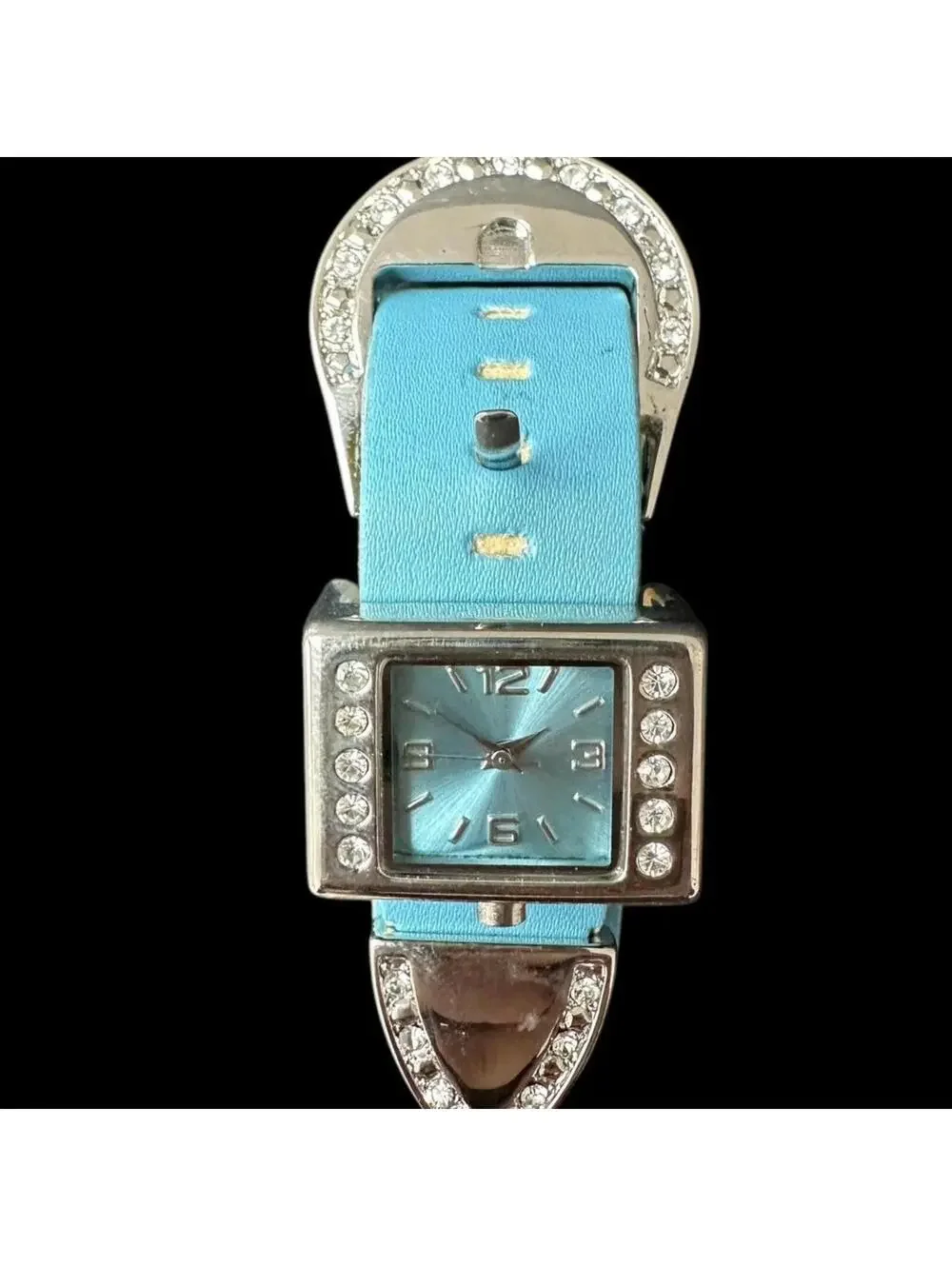 Vintage Blue Faux Leather Rhinestone Accent Watch